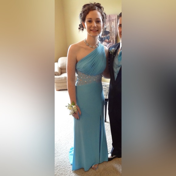 Light blue one shoulder prom dress ball gown evening, wedding floor length dress - Picture 3 of 7